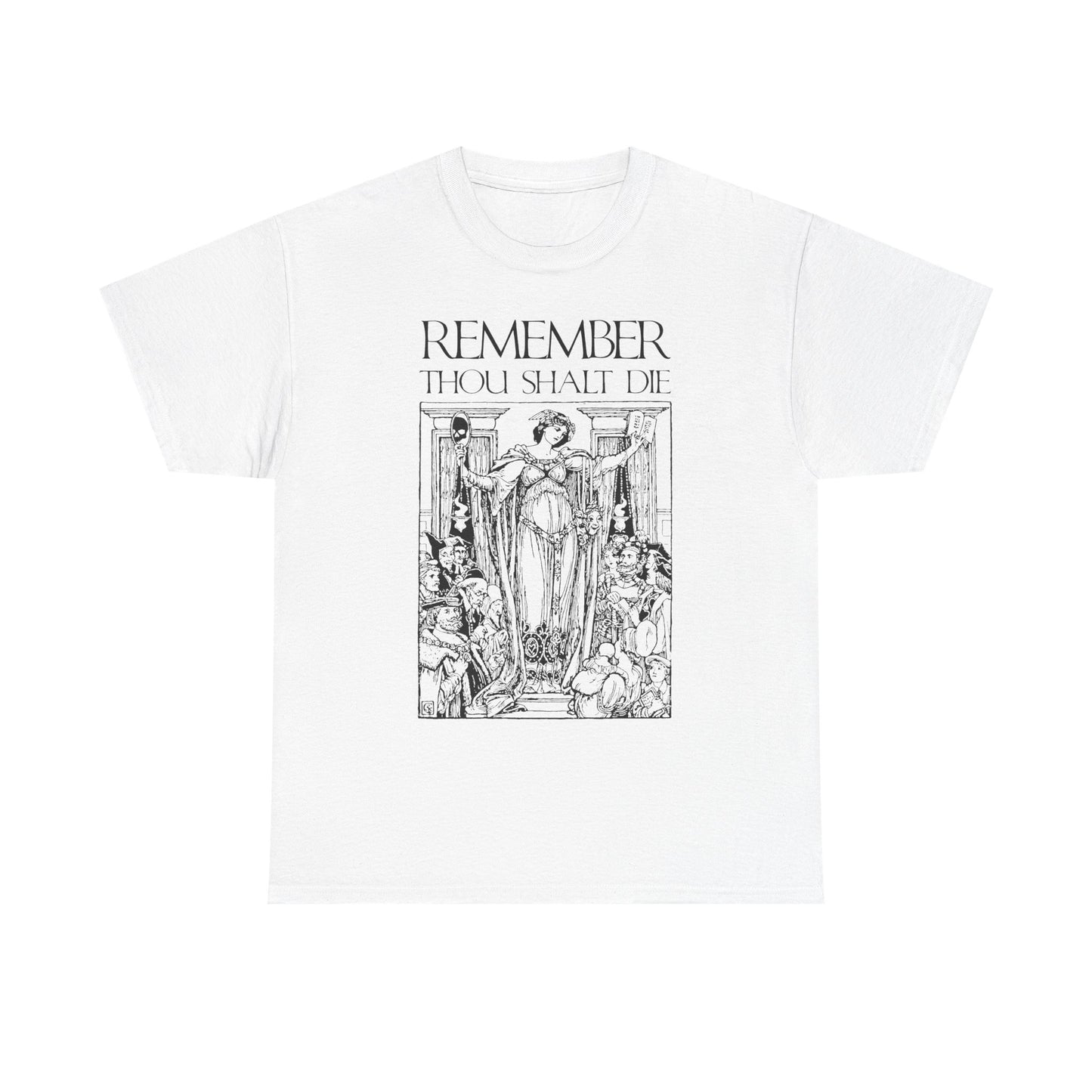 White "Remember You Will Die" Christian heavy cotton t-shirt featuring Shakespearean memento mori text and a classic woodcut illustration, inspired by mindful remembrance.