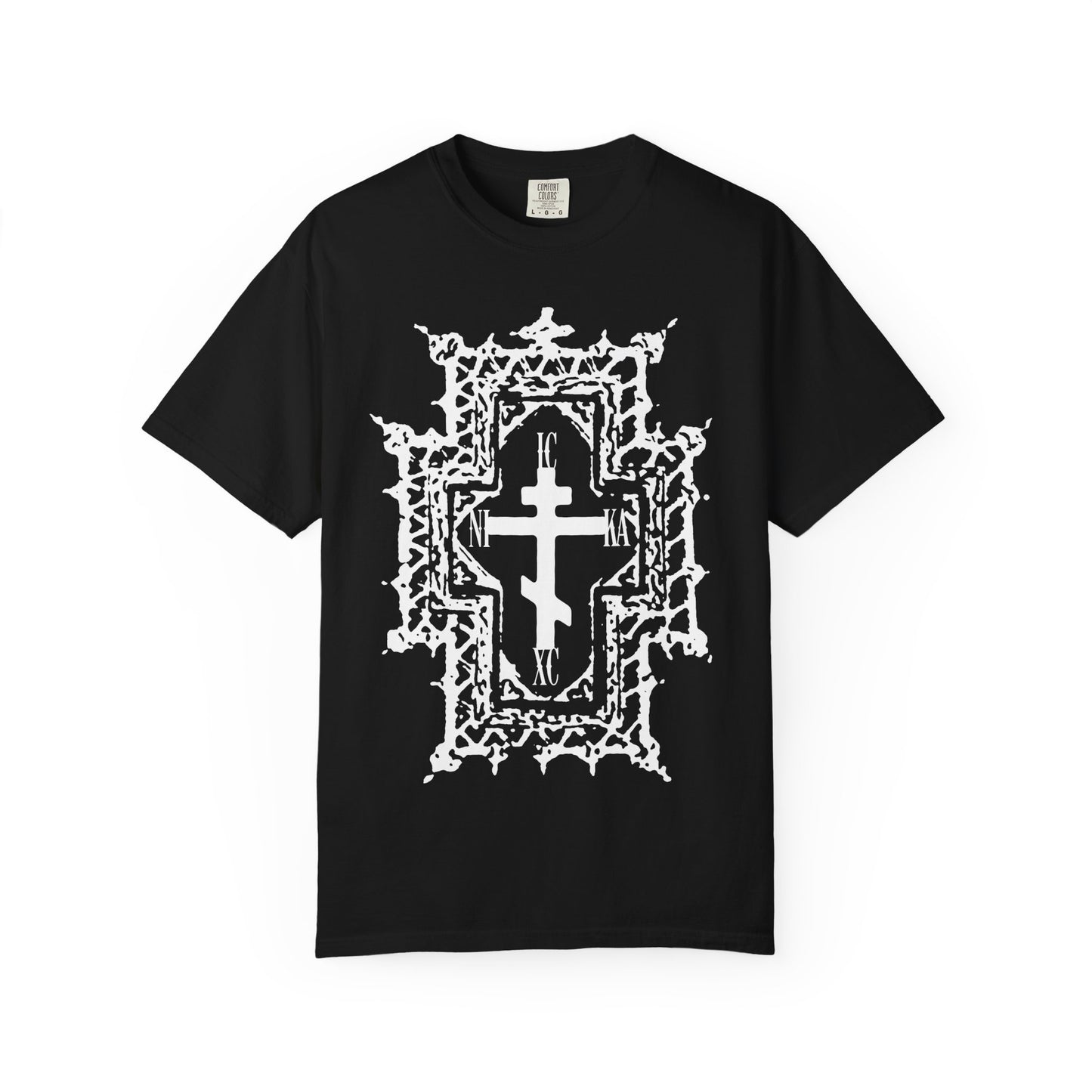 Certainly! Here’s a rewritten sentence using the provided product data: Black ICXC NIKA heavyweight cotton unisex tee featuring a white Orthodox cross in a Gothic cathedral style at the center, inspired by the symbolism of Jesus Christ’s conquest and sufferings, with decorative crown-of-thorns border details and “Healed By His Wounds” motif.