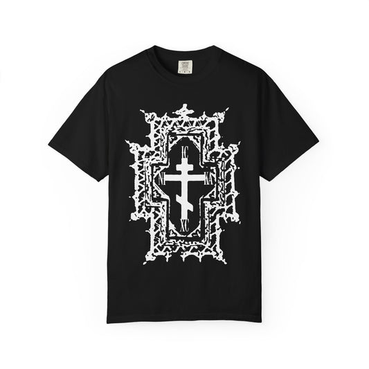 Certainly! Here’s a rewritten sentence using the provided product data: Black ICXC NIKA heavyweight cotton unisex tee featuring a white Orthodox cross in a Gothic cathedral style at the center, inspired by the symbolism of Jesus Christ’s conquest and sufferings, with decorative crown-of-thorns border details and “Healed By His Wounds” motif.