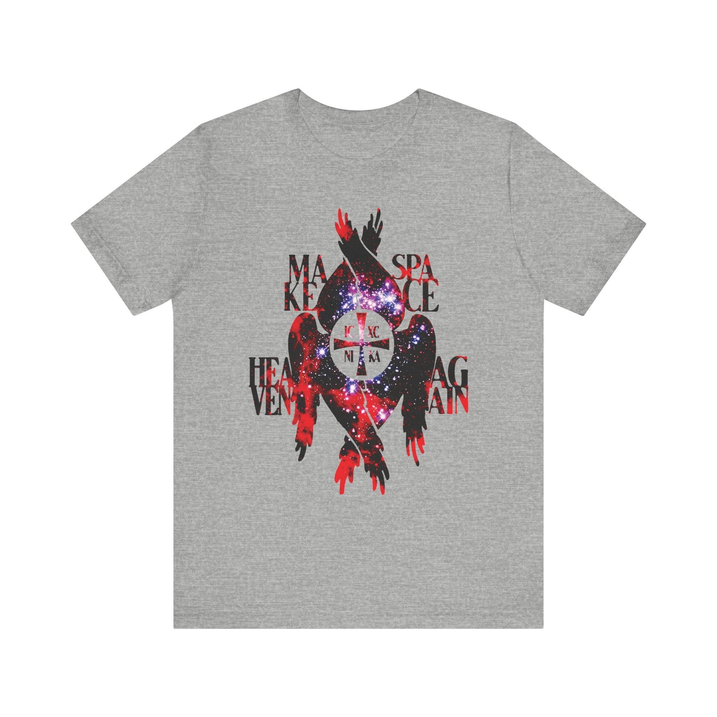Athletic Heather t-shirt featuring the "Make Space Heaven Again" design with a cosmic-textured ICXC NIKA cross, Seraphim wings, and Orthodox Christian inspiration, referencing the creation of the heavens and the mysteries of the seven heavens.