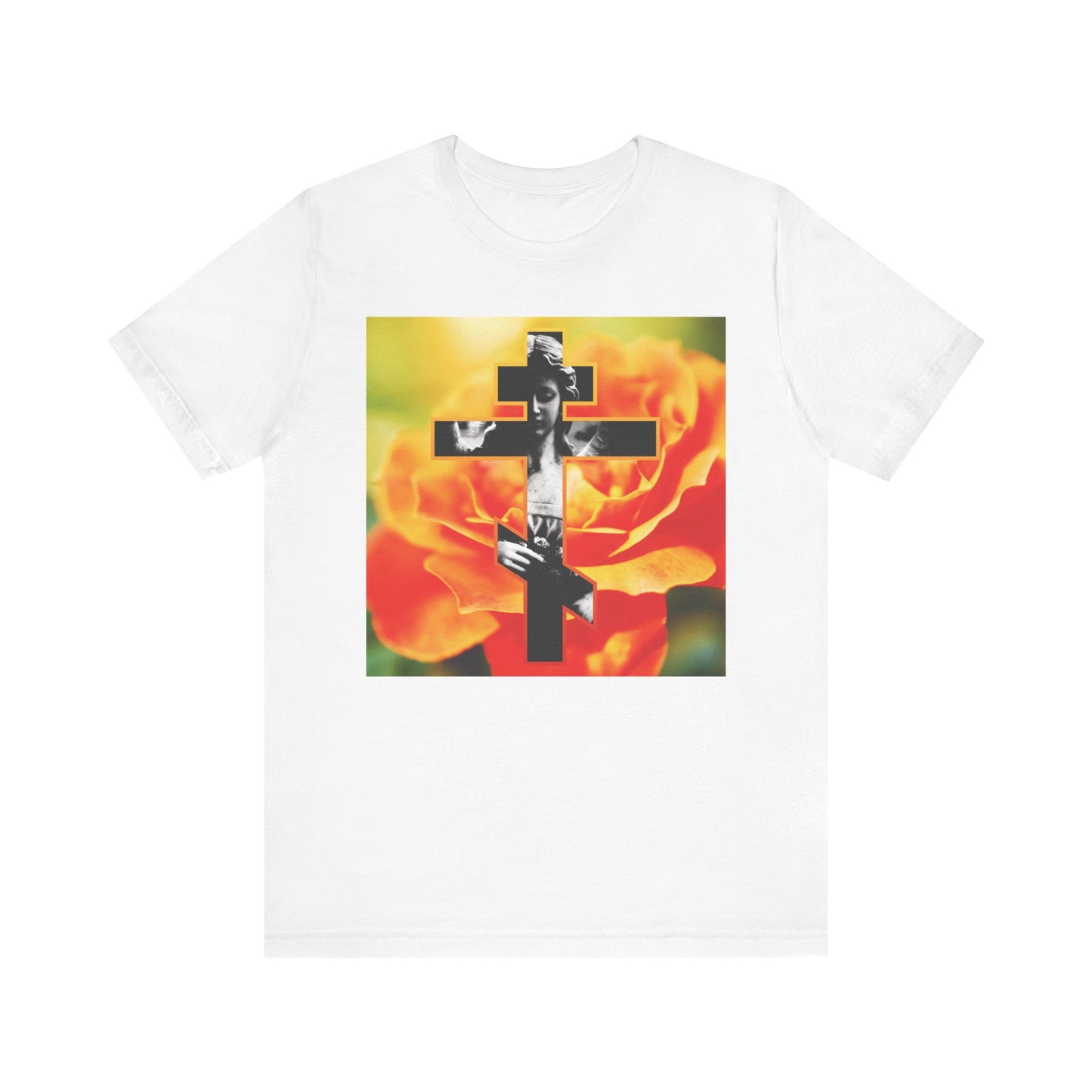 White unisex tee featuring a cemetery statue angel cross over an orange rose, inspired by Memento Mori and Orthodox Christian themes. Lightweight cotton. "Remember You Will Die" design.