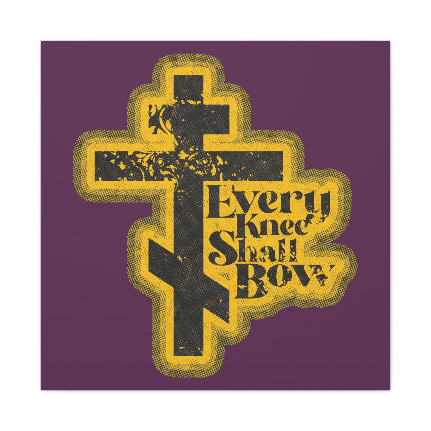 A 70s distressed halftone comic book style Christian wall art featuring a stylized cross and “Every Knee Shall Bow” with Philippians 2:10-11, Isaiah 45:23, in purple and yellow accents.