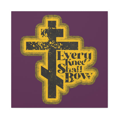 A 70s distressed halftone comic book style Christian wall art featuring a stylized cross and “Every Knee Shall Bow” with Philippians 2:10-11, Isaiah 45:23, in purple and yellow accents.