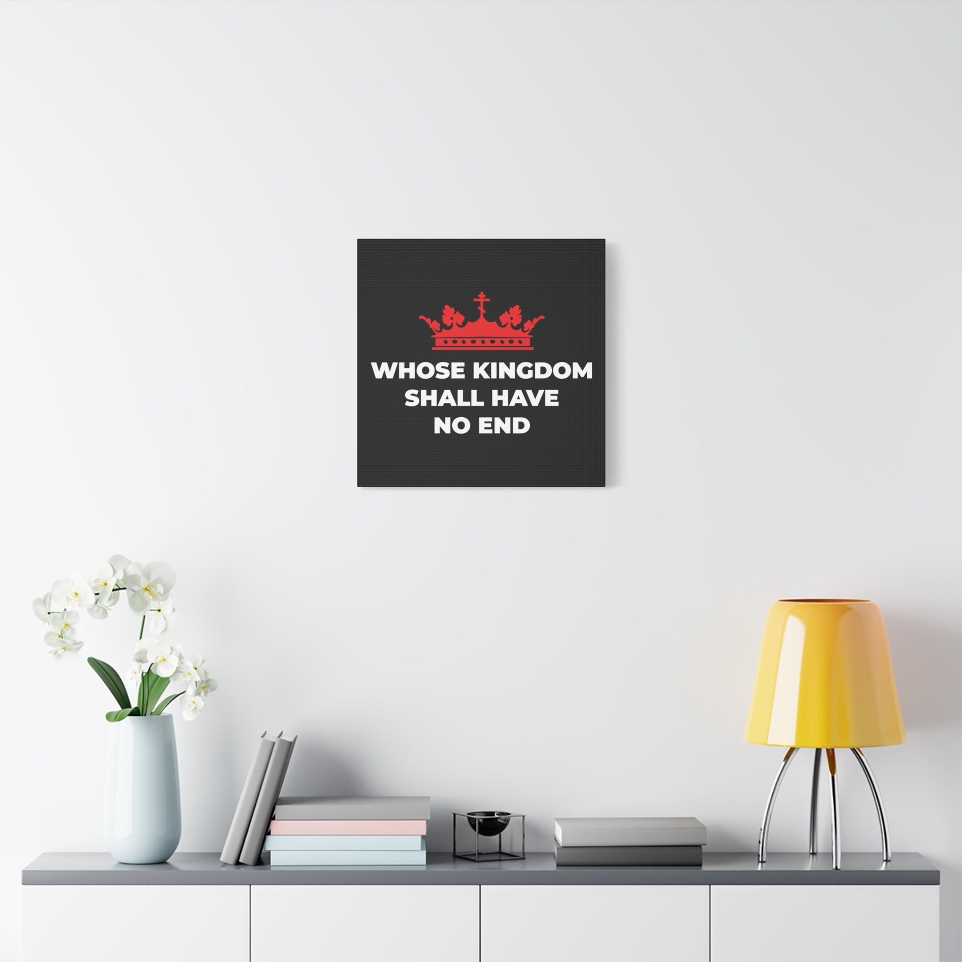 Minimalist room with the “Whose Kingdom Shall Have No End | Nicene Creed | Red Orthodox Cross Crown” Christian canvas art above a white console table, symbolizing the enduring reign of Christ.