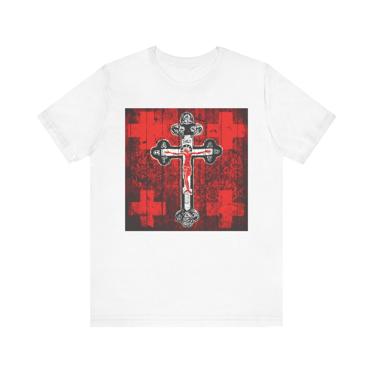White Alpha & Omega Art Cross tee featuring a red, white, and black Orthodox Crucifix icon—lightweight cotton unisex shirt, perfect for Vespers or Great Lent reflection.