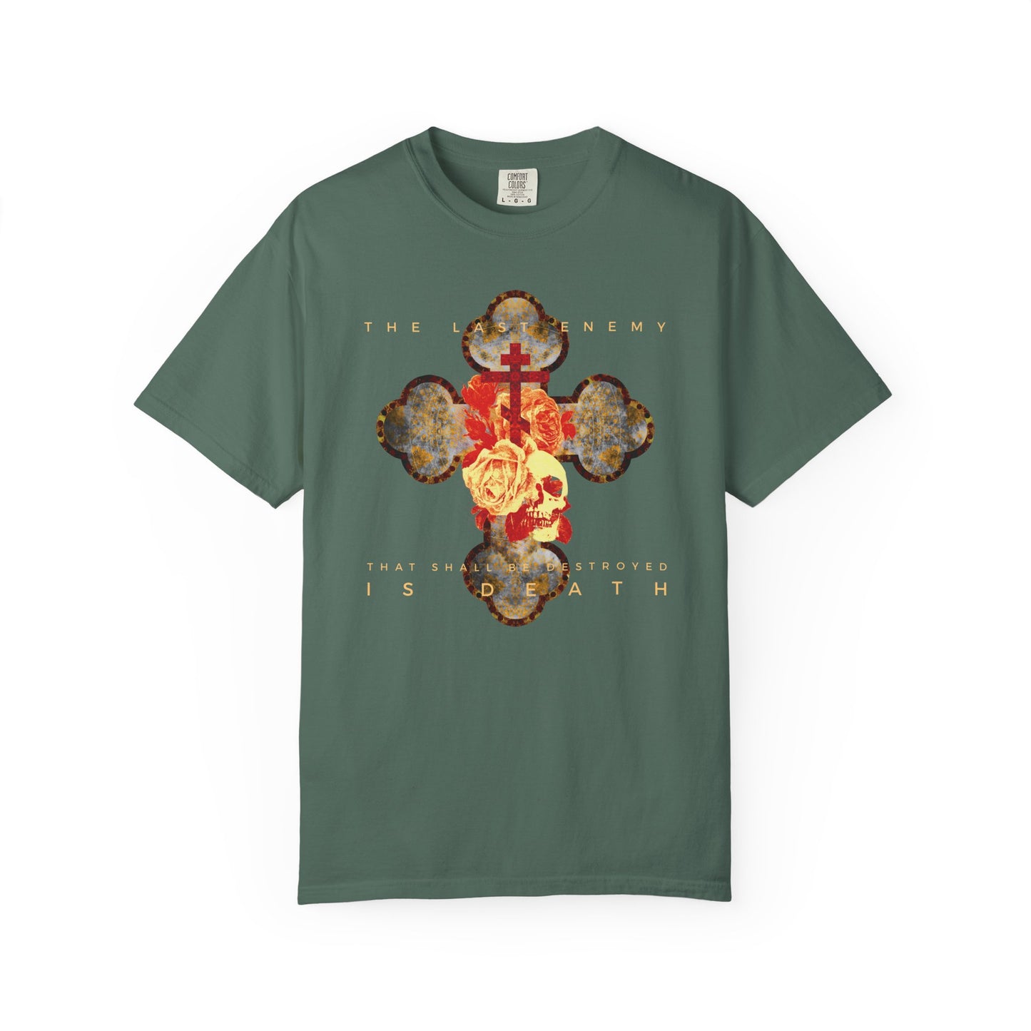 Blue Spruce heavyweight cotton tee featuring a metallic gothic cross with rose and skull, inspired by 1 Cor 15:26: “The final enemy that shall be destroyed is death.” Unisex fit; celebrates Christ’s resurrection.