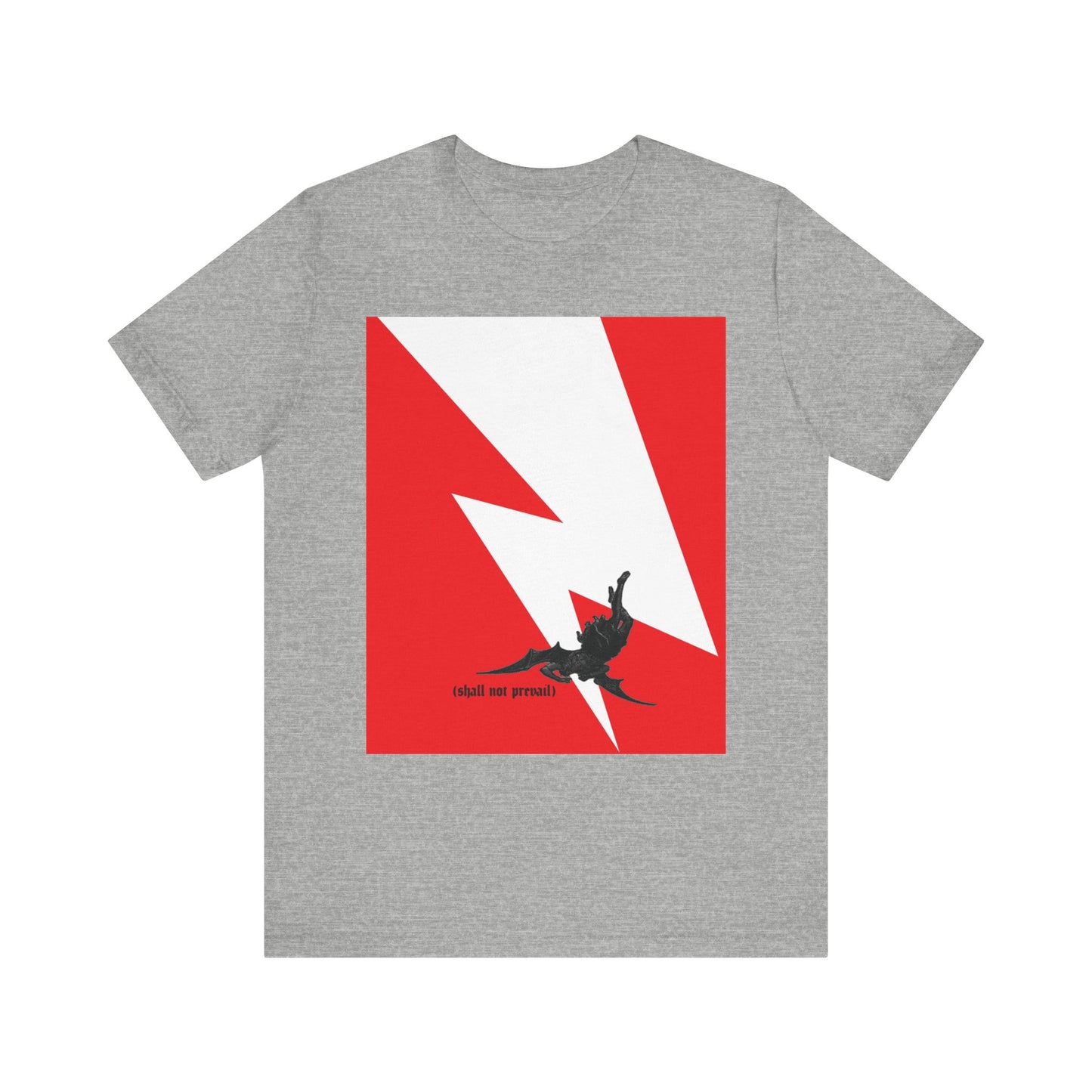 Athletic Heather t-shirt featuring a minimalist red and white lightning bolt graphic, a black silhouette of a falling figure inspired by the story of Satan’s fall from heaven (Luke 10:18), and the text “shall not prevail.”.