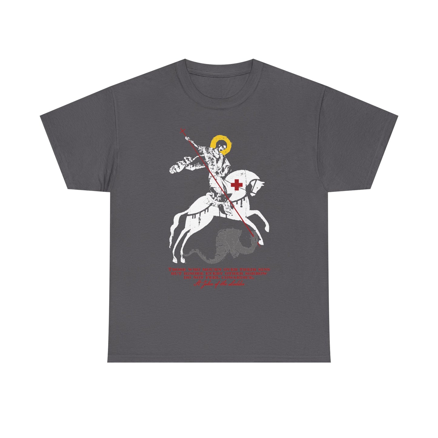 Charcoal midweight cotton unisex tee featuring an IconoGraphic of St George slaying the dragon, with white and red accents, and text beneath the image—an emblematic design inspired by St John Climacus that captures the spirit of a proud soul mourning over their sins.