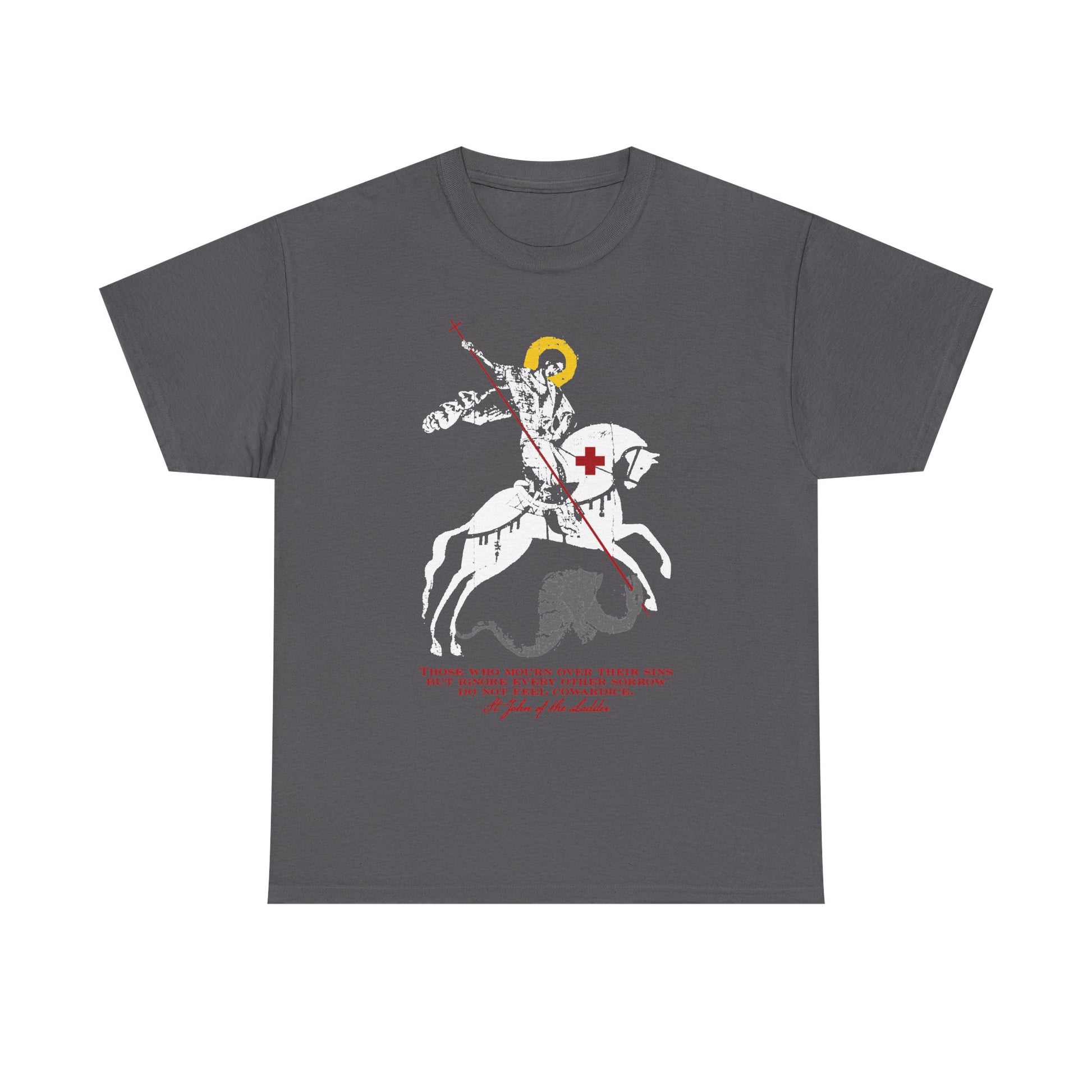 Charcoal midweight cotton unisex tee featuring an IconoGraphic of St George slaying the dragon, with white and red accents, and text beneath the image—an emblematic design inspired by St John Climacus that captures the spirit of a proud soul mourning over their sins.