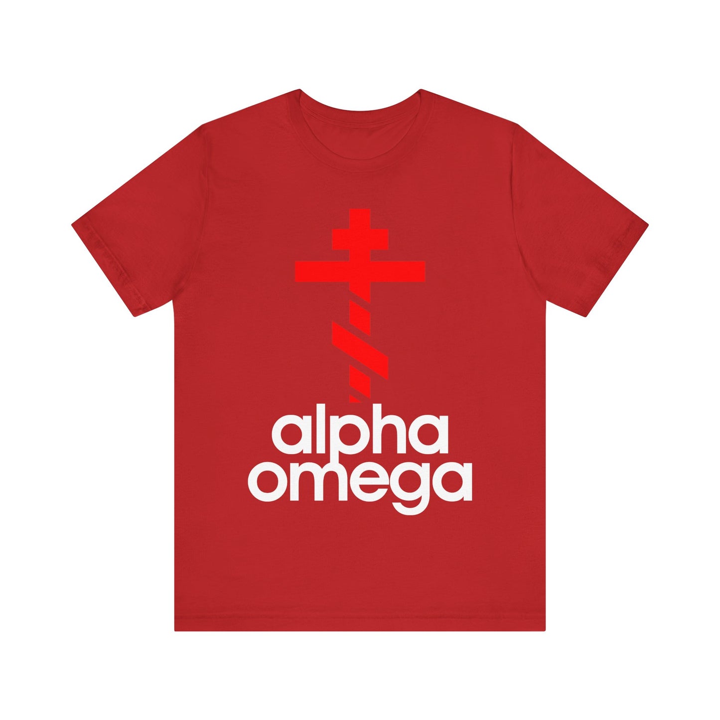 Alpha & Omega Red Orthodox Cross (Large Design) | Minimalist Adidas Inspired Logo Mashup | Orthodox Lightweight Cotton Unisex Tee