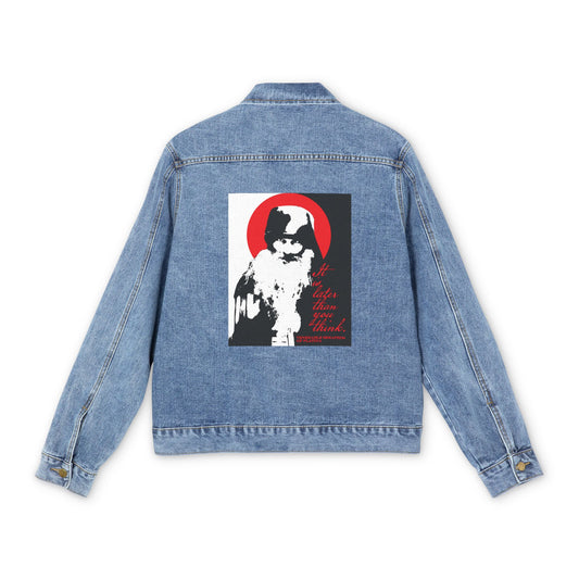 The Remembrance of Death "It’s Later Than You Think" jean jacket features a high-contrast black-and-white portrait of Fr. Seraphim Rose with a red halo and script, reflecting Modern Orthodox Memento Mori themes.