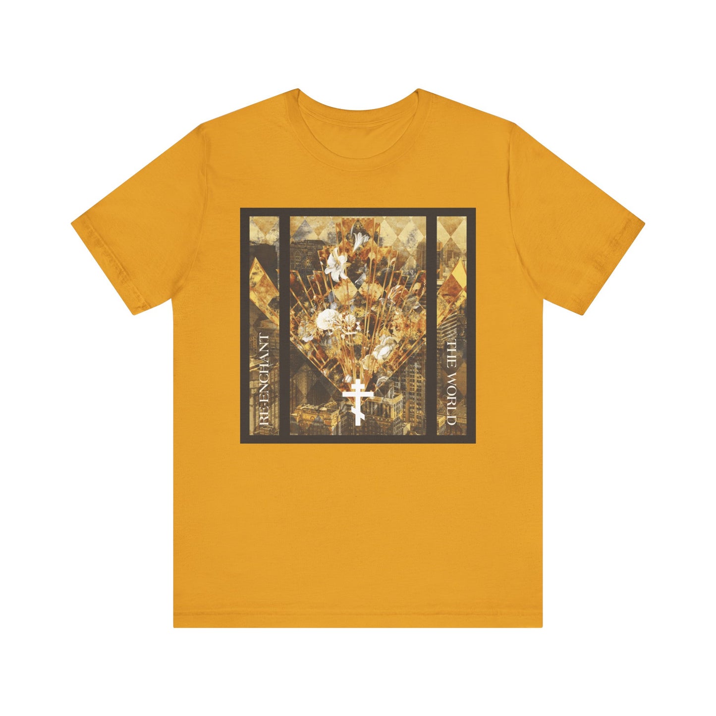 Mustard-colored “Re-Enchant the World” unisex lightweight cotton tee, featuring a modern earthtone cityscape with cross and flowers—a striking graphic inspired by the enduring beauty of the Church.