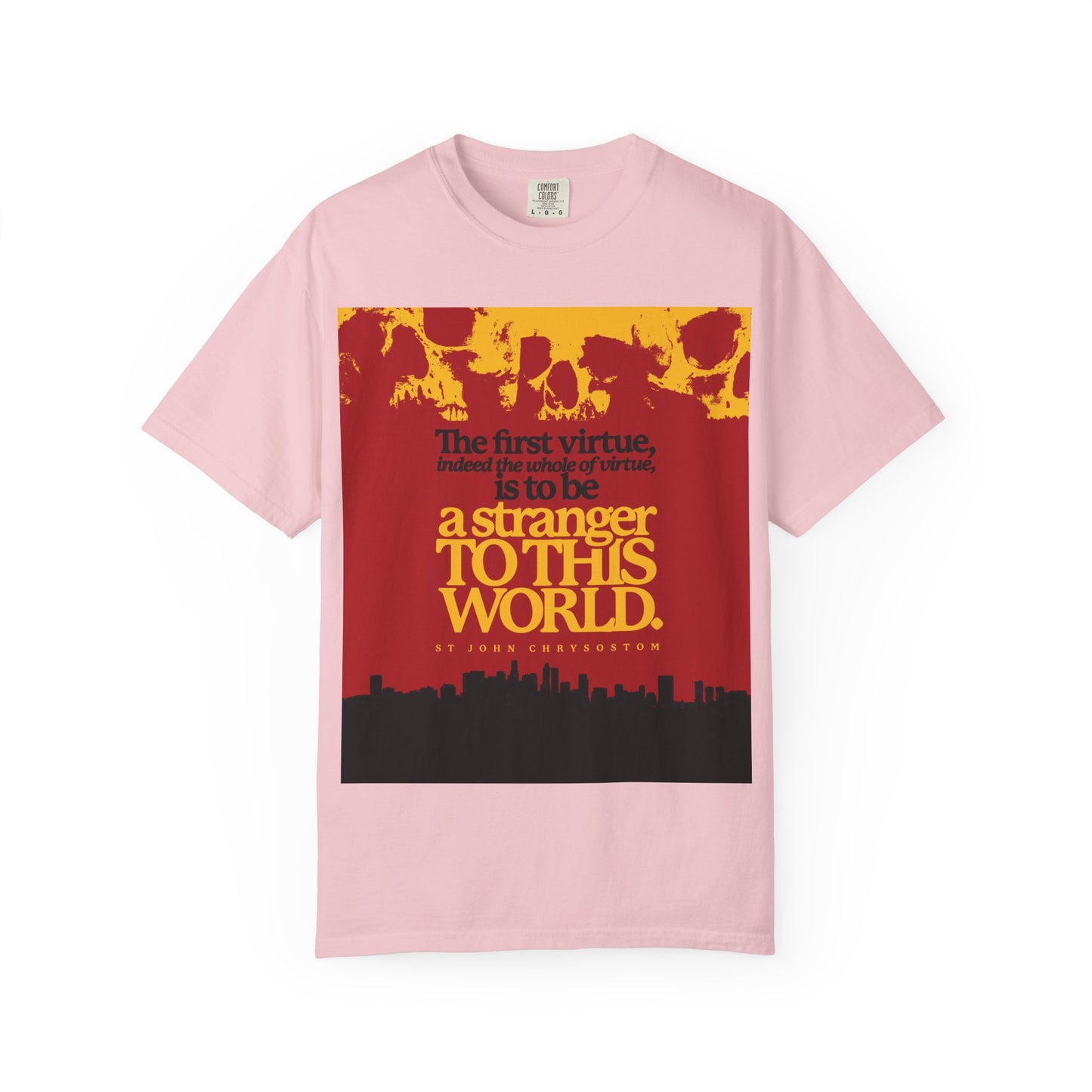 Blossom t-shirt with a bold skulls and cityscape graphic on the front, featuring St John Chrysostom’s quote “All of Virtue is Be a Stranger To this World”—an Orthodox Christian heavyweight cotton unisex tee.
