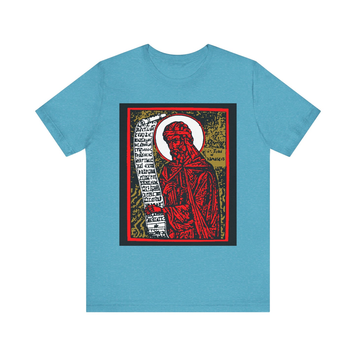 St. John of Damascus Icono-Graphic | Orthodox Christian Saint | Red Gold & Black High Contrast Design | Lightweight Cotton Unisex Tee