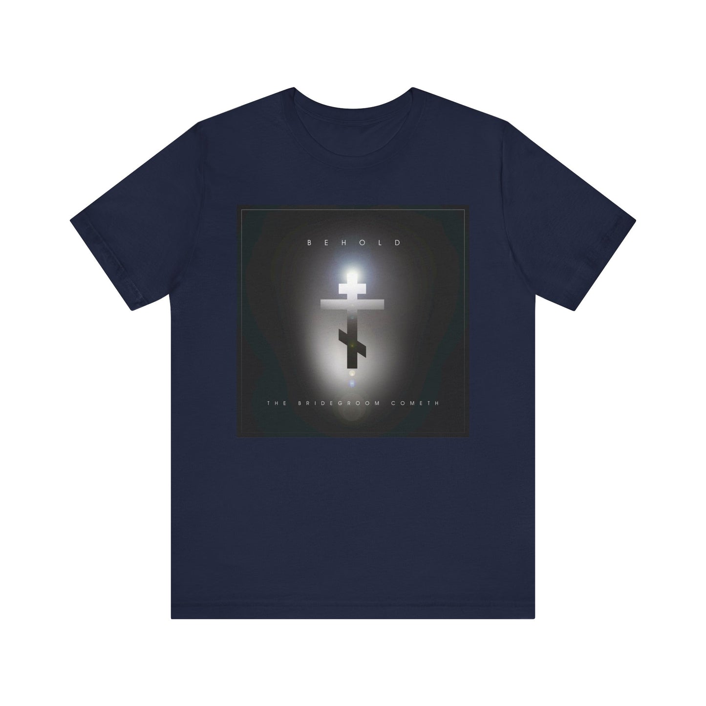 Navy Behold the Bridegroom Minimalist Cinematic Lens Flare T-Shirt—Orthodox Christian, lightweight cotton unisex tee with glowing cross and "BEHOLD THE BRIDEGROOM COMETH" print.