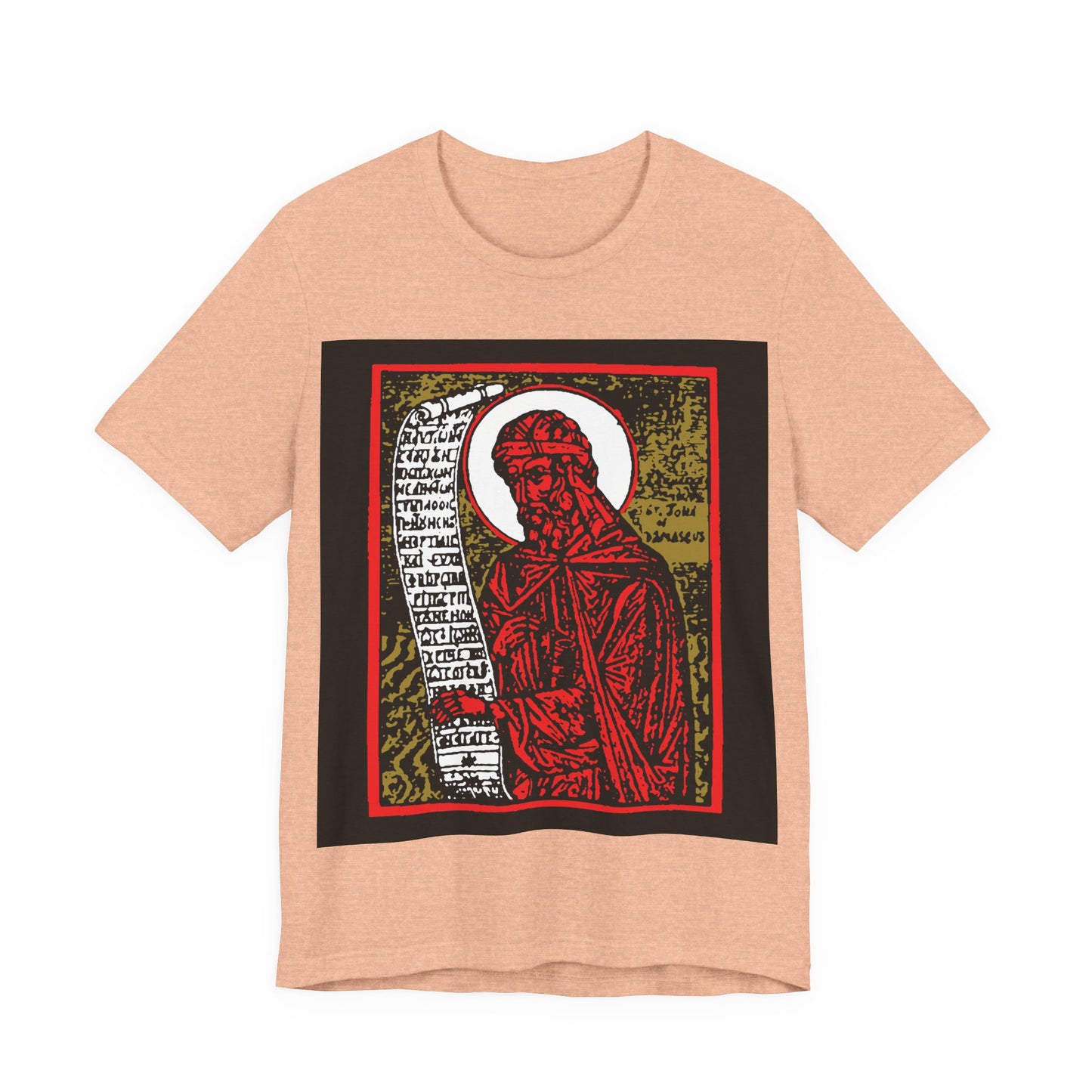 St. John of Damascus Icono-Graphic | Orthodox Christian Saint | Red Gold & Black High Contrast Design | Orthodox Christian Cotton T-Shirt