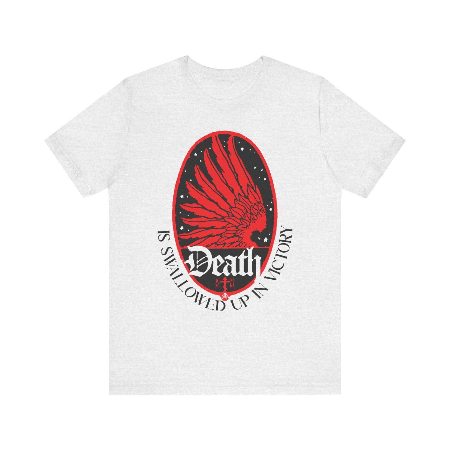 Ash-colored unisex tee features an Art Nouveau eagle wing, black stars, and “Death is swallowed up in victory” (1 Cor 15:54), symbolizing immortality and freedom from the fear of death. Orthodox Christian lightweight cotton shirt.