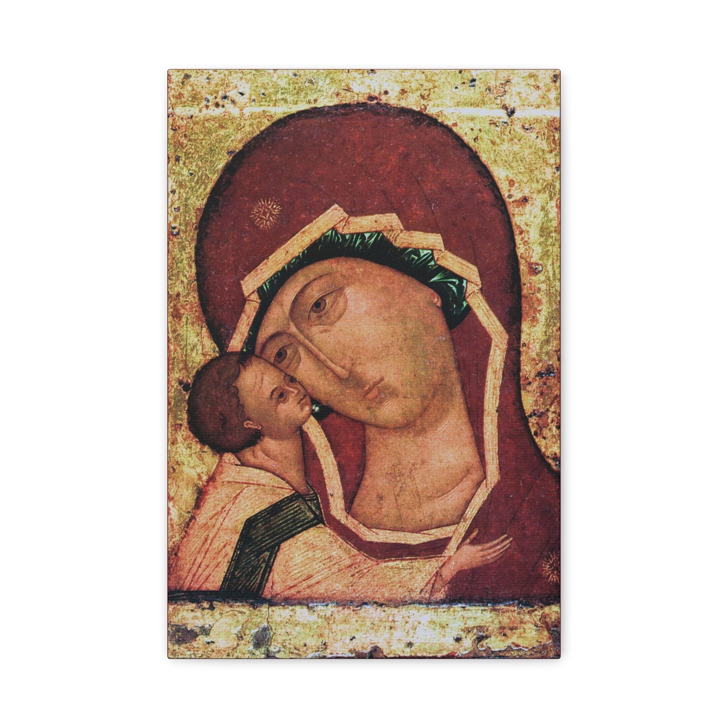 A depiction of the Igorevskaya Russian Icon of the Mother of God—Theotokos Tenderness (Eleusa)—showing a haloed woman and child embracing against a gold-toned background, in the traditional style associated with Kiev-Pechersk Lavra, presented as Orthodox Christian religious canvas wall art.