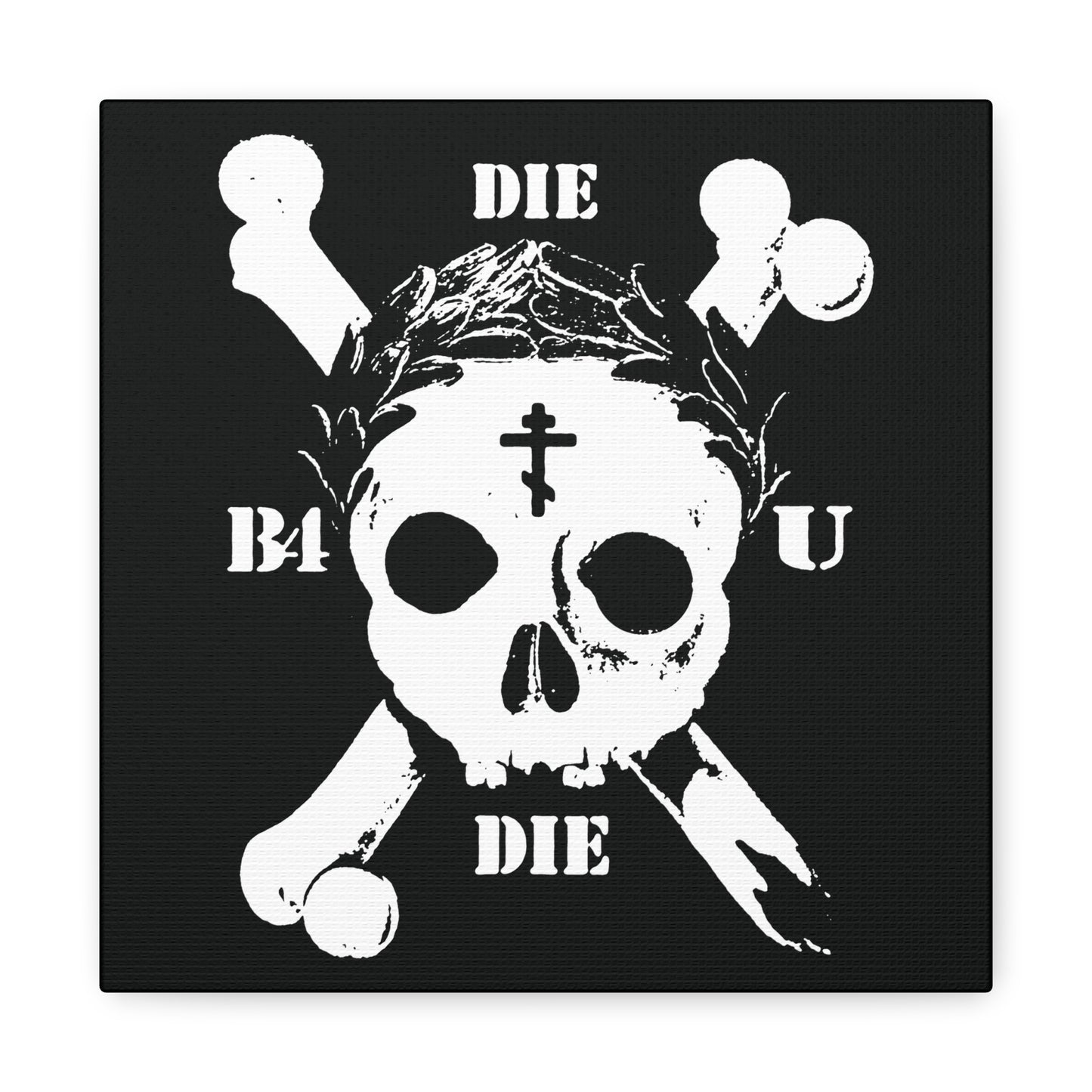 The "Die Before You Die" wall art features a retro skull & crossbones, Orthodox cross, and laurel wreath—a memento mori inspired by Matthew 16:24-25, reminding ascetic Christians to deny themselves and embrace spiritual victory.