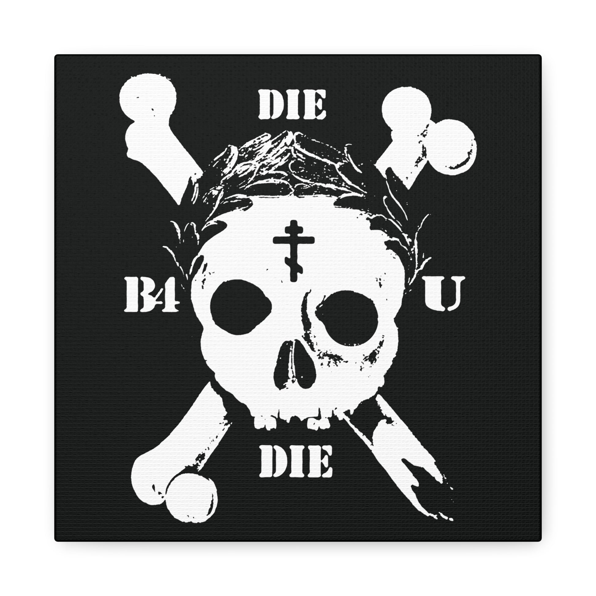 The "Die Before You Die" wall art features a retro skull & crossbones, Orthodox cross, and laurel wreath—a memento mori inspired by Matthew 16:24-25, reminding ascetic Christians to deny themselves and embrace spiritual victory.