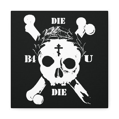 The "Die Before You Die" wall art features a retro skull & crossbones, Orthodox cross, and laurel wreath—a memento mori inspired by Matthew 16:24-25, reminding ascetic Christians to deny themselves and embrace spiritual victory.