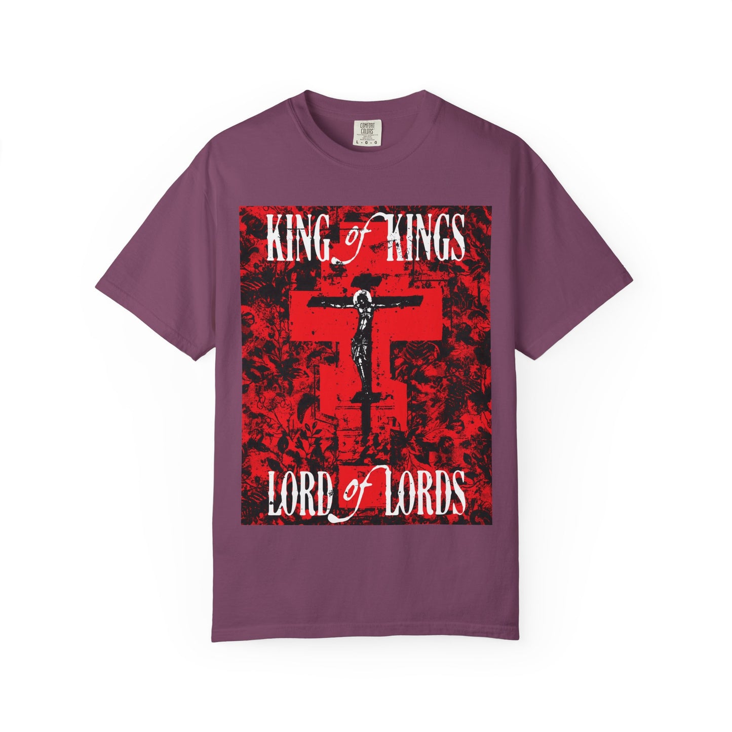 King of Kings, Lord of Lords | Christ Crucified Icono-Graphic | Red Cross Nature Texture w/ White Text | Heavyweight Cotton Unisex Tee