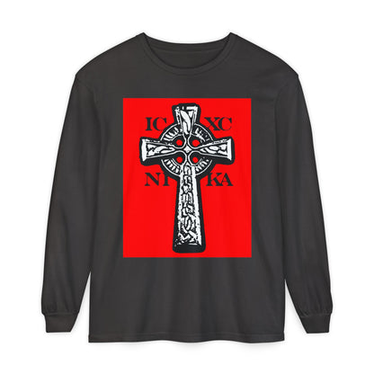 Graphite long-sleeve shirt featuring the ICXC NIKA Celtic Knotwork Cross in black and white on a red background—a traditional Orthodox Christian design celebrating Jesus Christ’s victory.