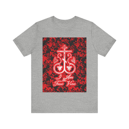 I Am the True Vine (John 15:1) | Orthodox Cross Vine Monogram | Red and Black Floral Design | Orthodox Christian T-Shirt