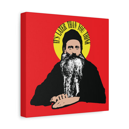 Modern wall art titled "It's Later Than You Think" features a stylized illustration of Fr Seraphim Rose with a yellow halo on a red background, highlighting an Orthodox Christian quote for reflection.