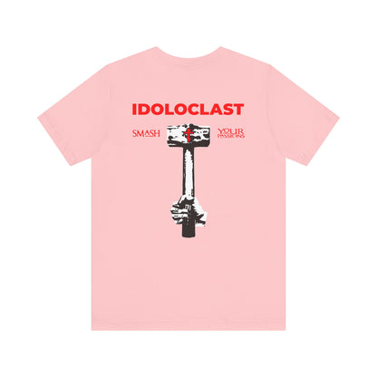 Idoloclast Idol Smasher Hammer lightweight cotton unisex tee featuring "Jesus NIKA" and a fist holding a hammer on the back, plus a striking red cross on the front left breast—a bold design that challenges conventional thinking, almost like having a conversation with God about breaking free from the ordinary.