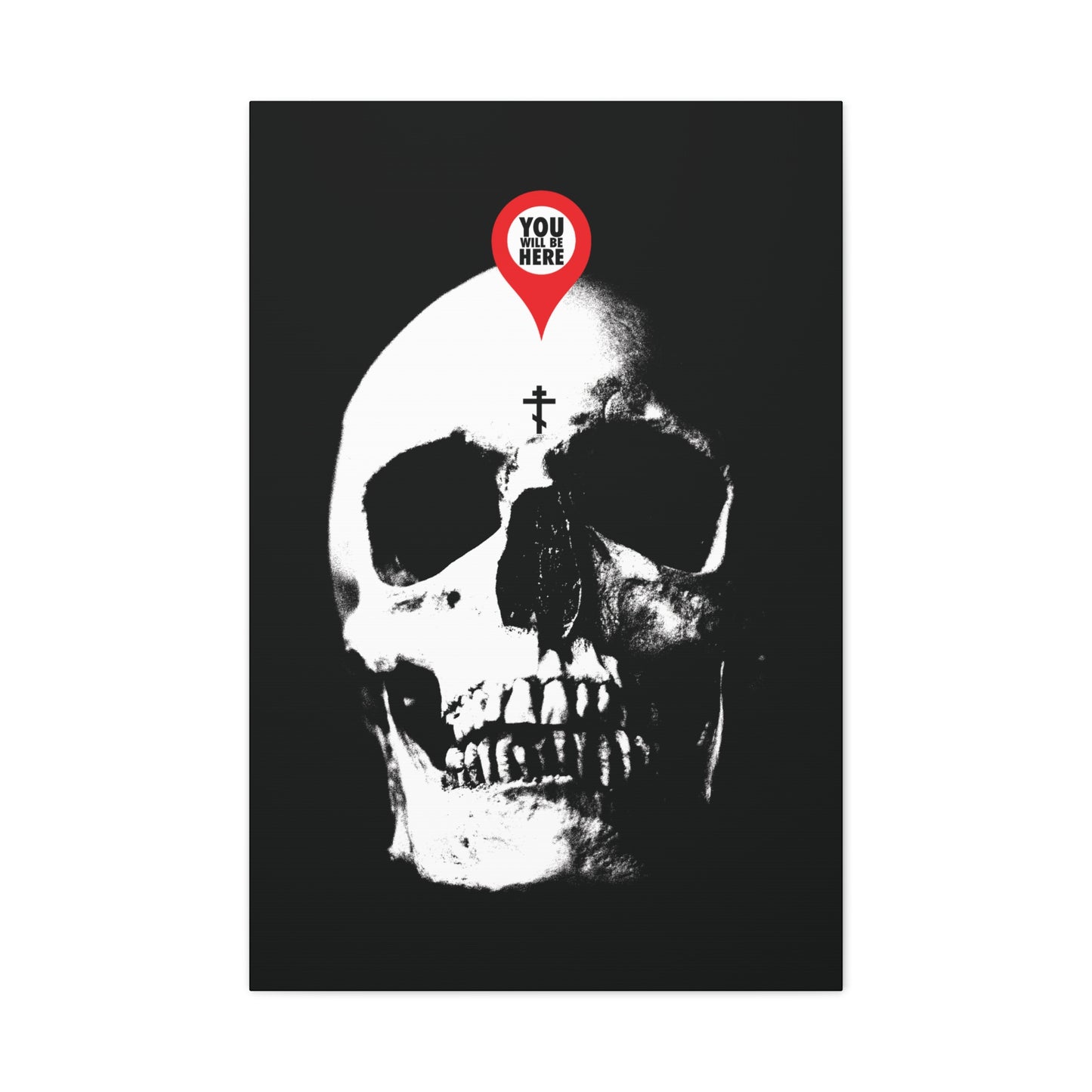 The "You Will Be Here Maps Marker on Skull" Orthodox Christian canvas art features a skull with a map pin reading "YOU ARE HERE," reminding viewers of memento mori and spiritual reflection, as inspired by St. Ignatius Brianchaninov.