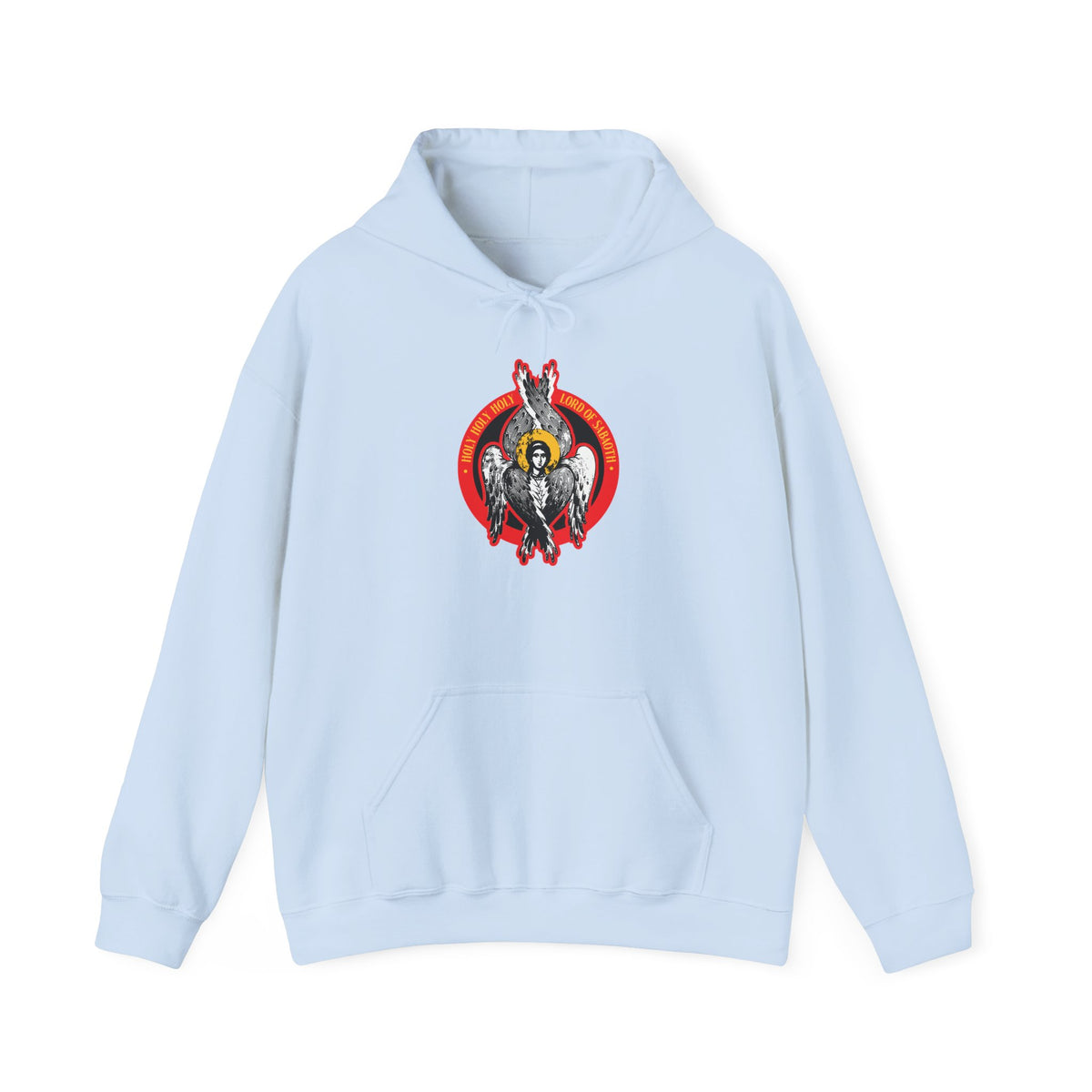 Light Blue “Holy Holy Holy, Lord of Sabaoth” Orthodox Christian hoodie featuring a vibrant, stylized seraphim angel graphic inspired by Isaiah 6—with wings and a radiant halo—on the chest.