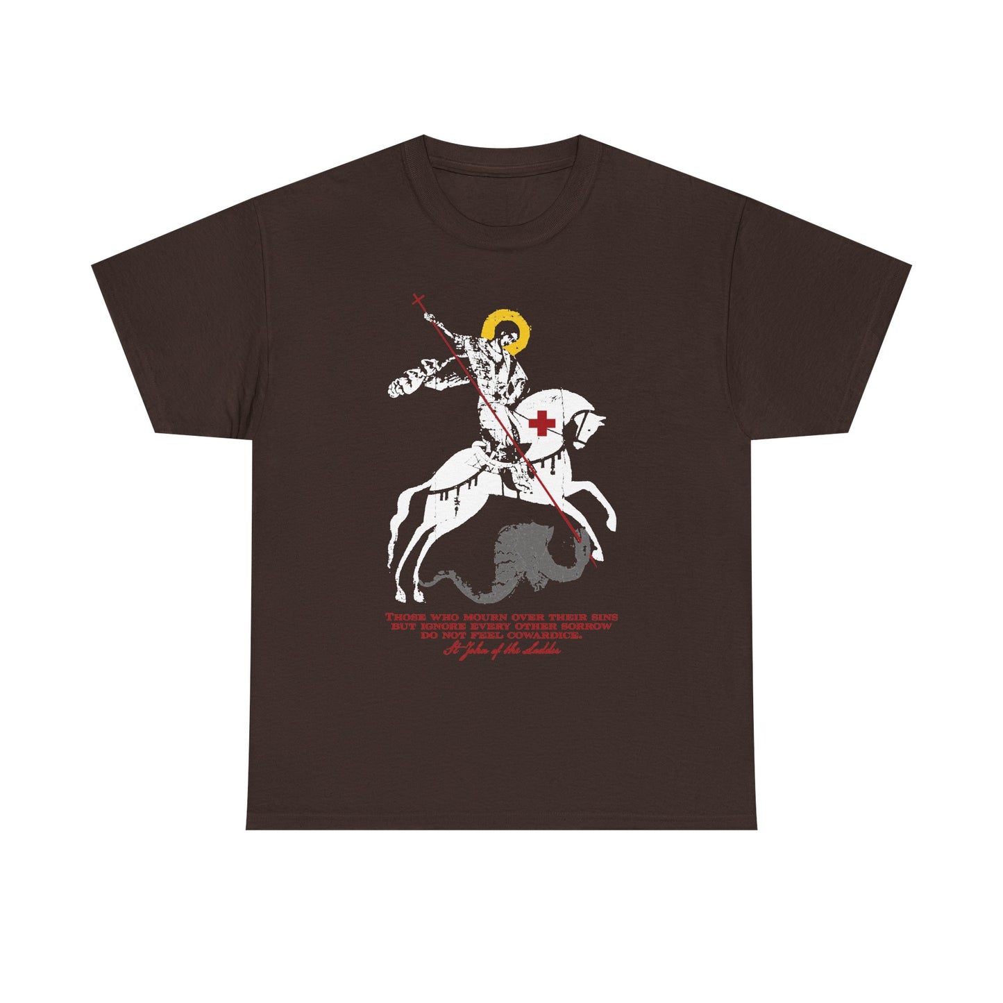 Dark Chocolate midweight cotton unisex tee featuring an iconographic graphic of St. George slaying the dragon, inspired by St. John Climacus’ teachings on vanquishing the proud soul, with text beneath the image; product name: “Those Who Mourn Over Their Sins.”.