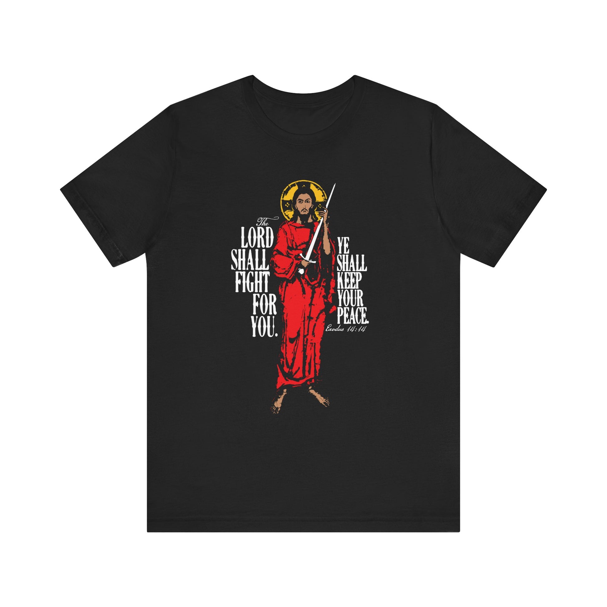 The Lord Shall Fight For You (Exodus 14:14) black tee features Jesus Christ with a sword and an inspiring salvation message. Lightweight cotton, unisex fit.