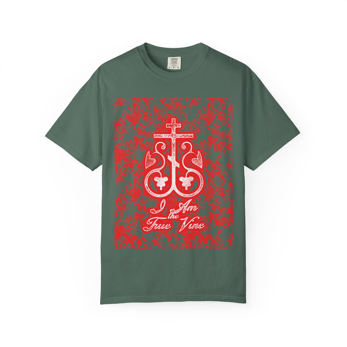 Blue spruce t-shirt featuring a bold red and black floral Orthodox cross vine monogram on the front, with the words “I Am the True Vine (John 15:1),” serving as an everyday reminder to bear fruit and inspired by John 15:1-8.