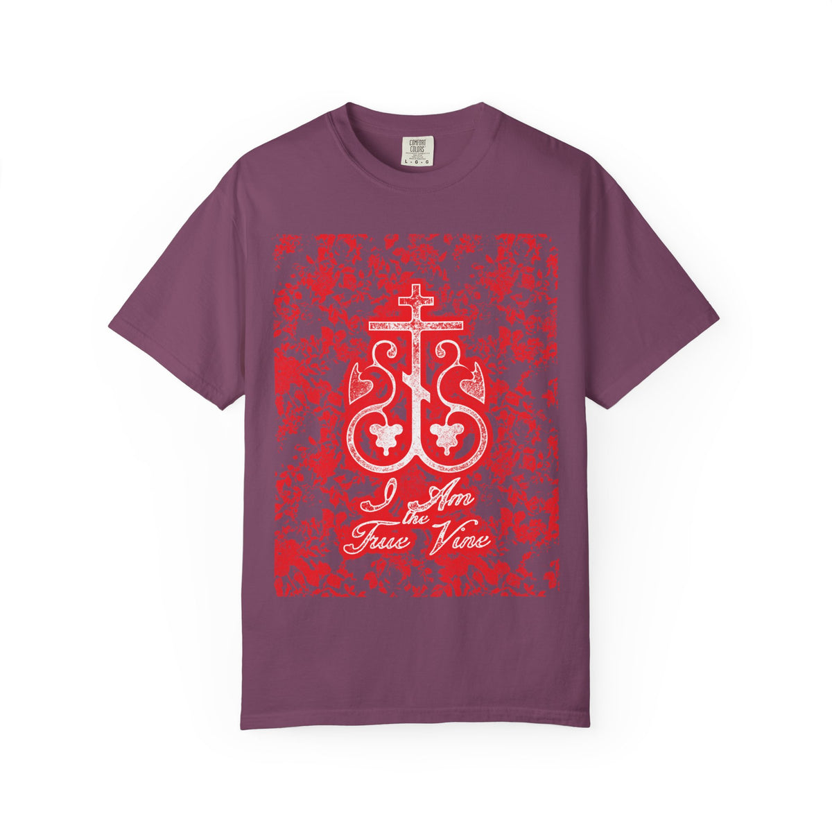 Berry-colored heavyweight cotton unisex tee featuring a red and black floral Orthodox cross vine monogram and the text “I Am the True Vine” (John 15:1) on the front—an inspiring reminder to bear fruit in every season.