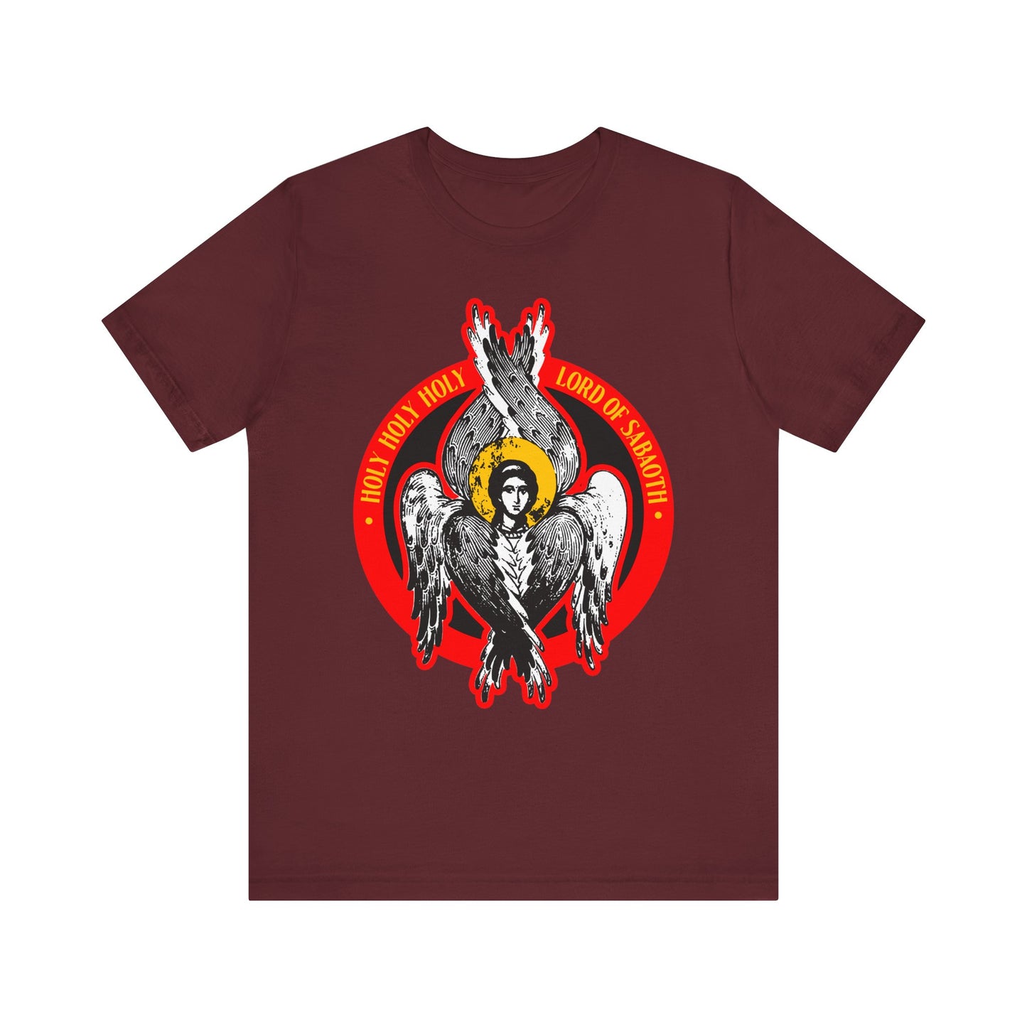 Maroon lightweight cotton tee featuring a seraphim angel graphic with wings crossed and “Holy, Holy, Holy, Lord of Hosts” from Isaiah 6 in bold red; unisex fit.