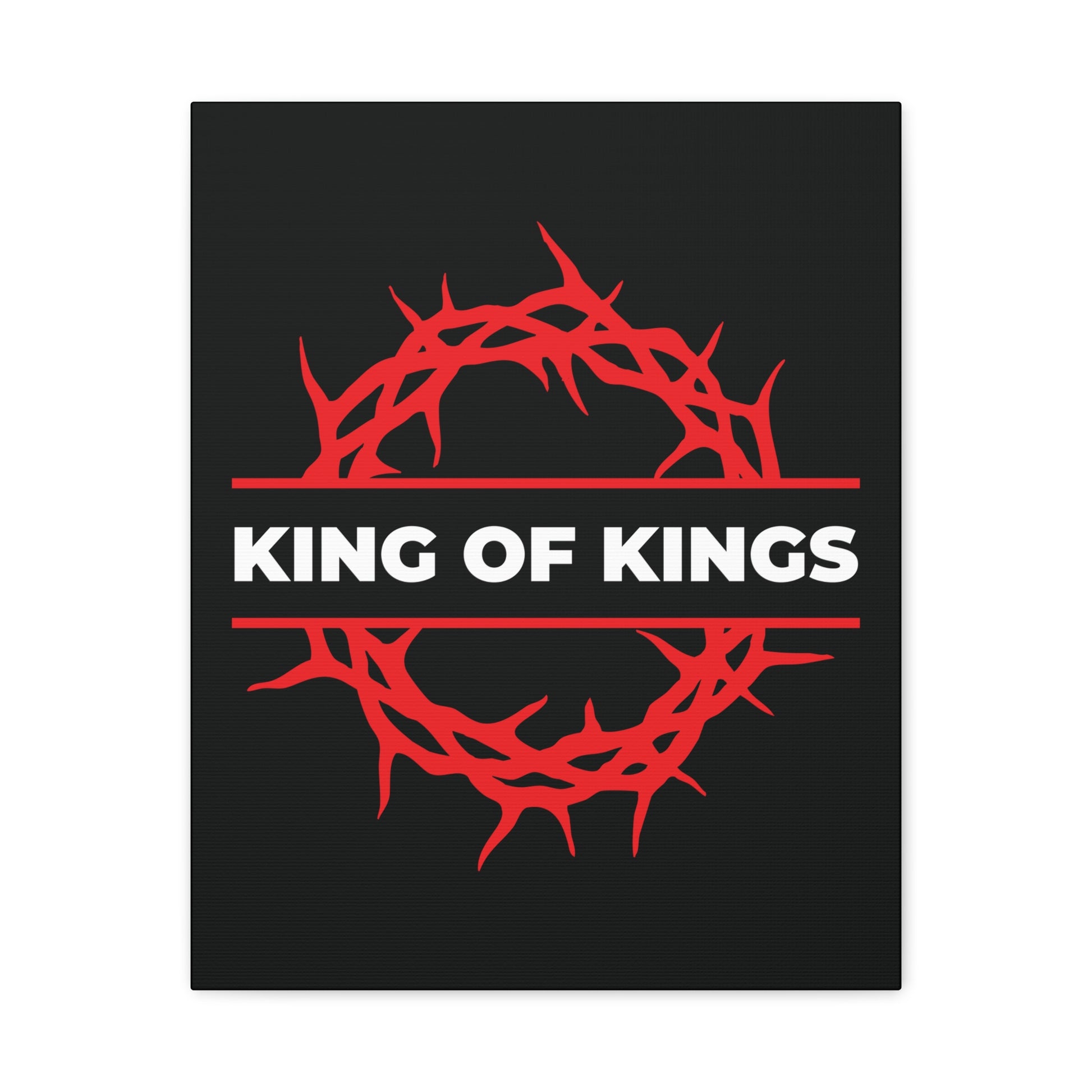 A bold Christian canvas art featuring a red crown of thorns and "KING OF KINGS" text, inspired by Revelation 19:16. King of Kings Crown of Thorns | The King of Glory | Christ is King – uplifting wall decor for believers.