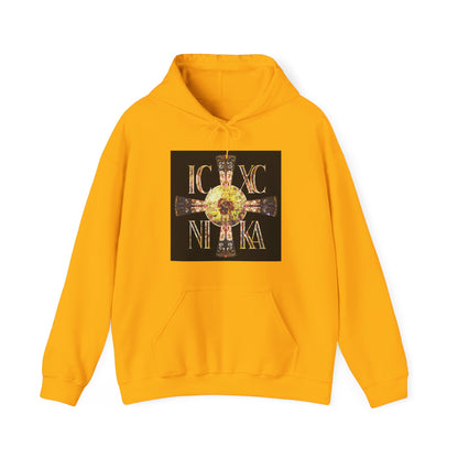 ICXC NIKA Celtic Style Equal Armed Cross | Bright Solar Texture | Orthodox Christian Hoodie