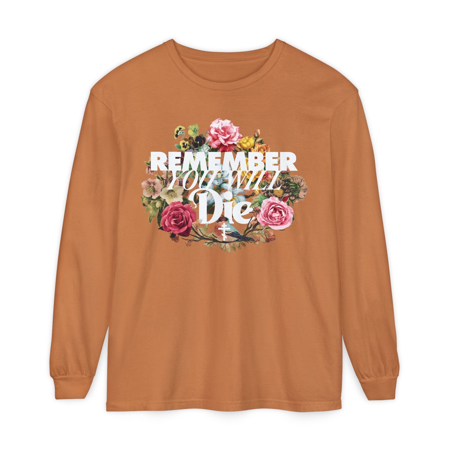 The Remember You Will Die Orthodox long sleeve cotton shirt in Yam features classic typography, a cross, and a floral wreath design, inspired by memento mori themes.