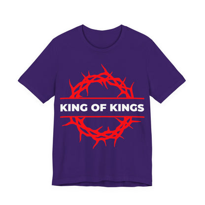 Team Purple "King of Kings Crown of Thorns" cotton unisex tee with a red crown of thorns and white "KING OF KINGS" text, inspired by Revelation 19:16—celebrating Christ as King of Glory.