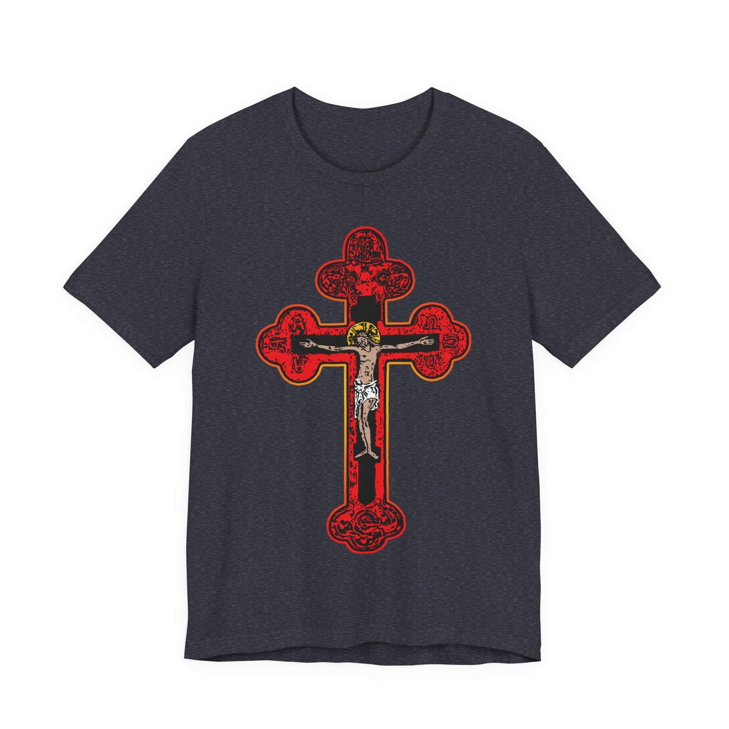 Heather navy tee featuring a large ornate red Byzantine Golgotha cross with a yellow and white Jesus crucifix, inspired by "by His stripes we are healed." Red Orthodox Christian Crucifix | Alpha & Omega | Unisex Cotton Tee.
