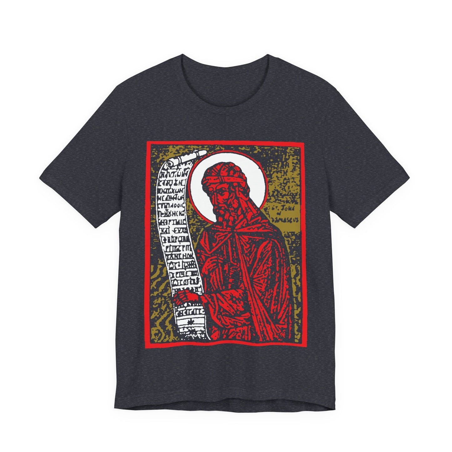 St. John of Damascus Icono-Graphic | Orthodox Christian Saint | Red Gold & Black High Contrast Design | Orthodox Christian Cotton T-Shirt