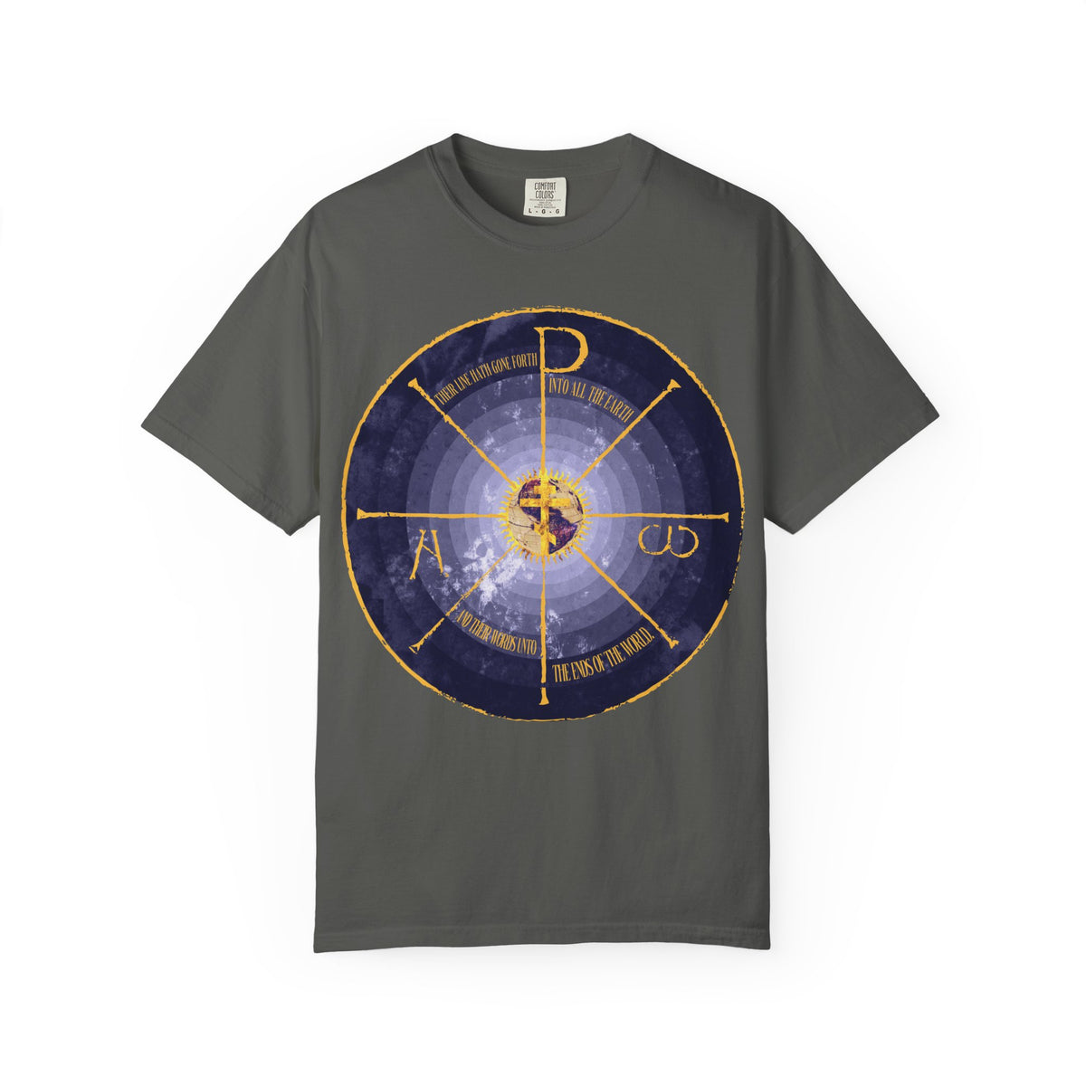 Pepper-colored heavyweight cotton unisex tee featuring a medieval-style, circular blue and yellow “Geocentric Cross & Chi Rho” design with letters and symbols at the center—an Orthodox Christian graphic symbolizing Alpha and Omega.