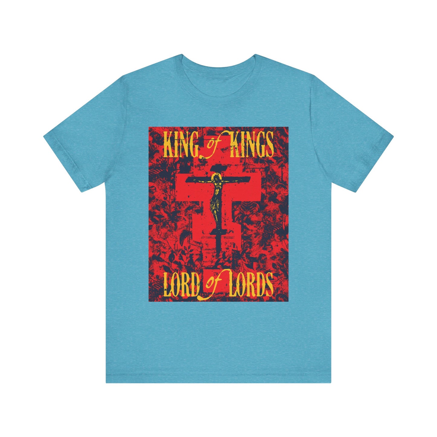 Heather Aqua unisex T-shirt featuring a red and black cross graphic with yellow "King of Kings, Lord of Lords" text; inspired by the Word of God and the message of Christ crucified, this lightweight cotton shirt showcases an Orthodox icono-graphic design with a nature texture.