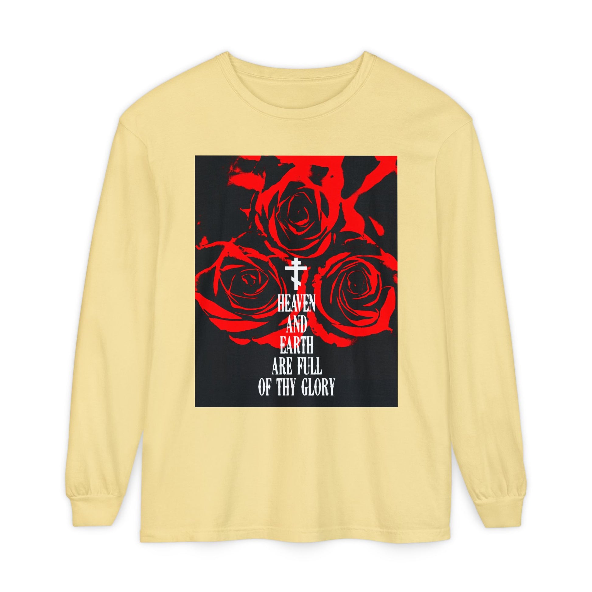 The Heaven and Earth Are Full of Thy Glory Orthodox Christian long sleeve shirt by Remembrance of Death features three red roses on a black background with a cross and the liturgical hymn text in white western typography.