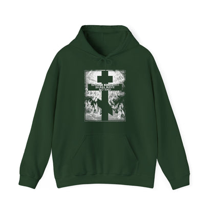 Forest green "Whose Kingdom Shall Have No End" hoodie with a white cross and graphic on the front, featuring Nicene Creed-inspired text and Gustave Dore etching artwork reflecting Orthodox Christian faith.
