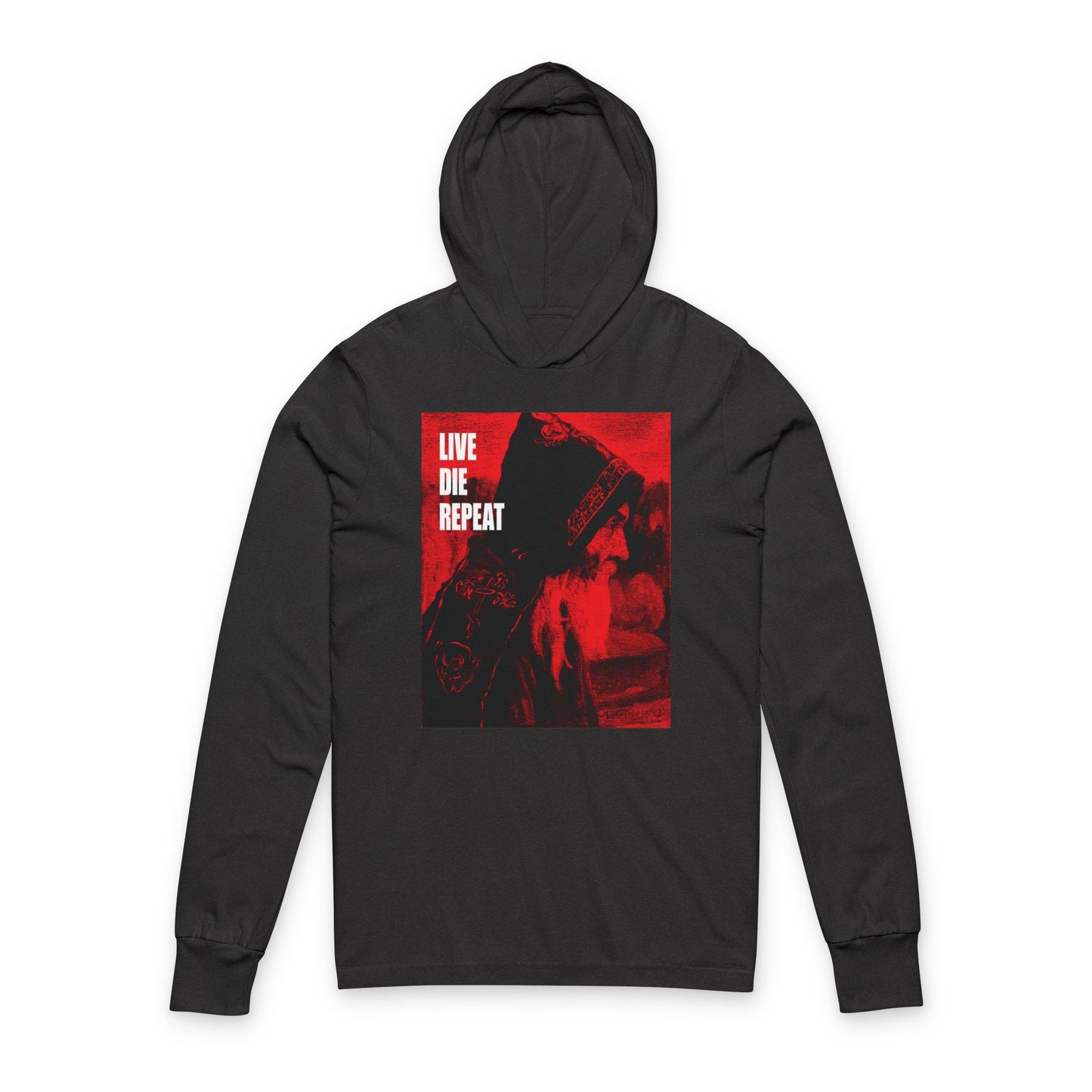 Charcoal black TriBlend hoodie with a graphic inspired by Nesterov’s "Monk" artwork and bold white “LIVE DIE REPEAT” text on the front. Ascetic Christianity / Orthodox-themed, titled “Live Die Repeat | Die Every Day, and You Will Live Forever.”.