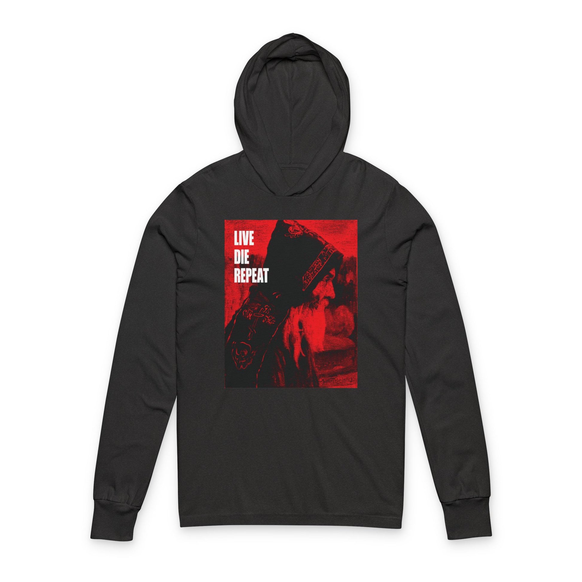 Charcoal black TriBlend hoodie with a graphic inspired by Nesterov’s "Monk" artwork and bold white “LIVE DIE REPEAT” text on the front. Ascetic Christianity / Orthodox-themed, titled “Live Die Repeat | Die Every Day, and You Will Live Forever.”.
