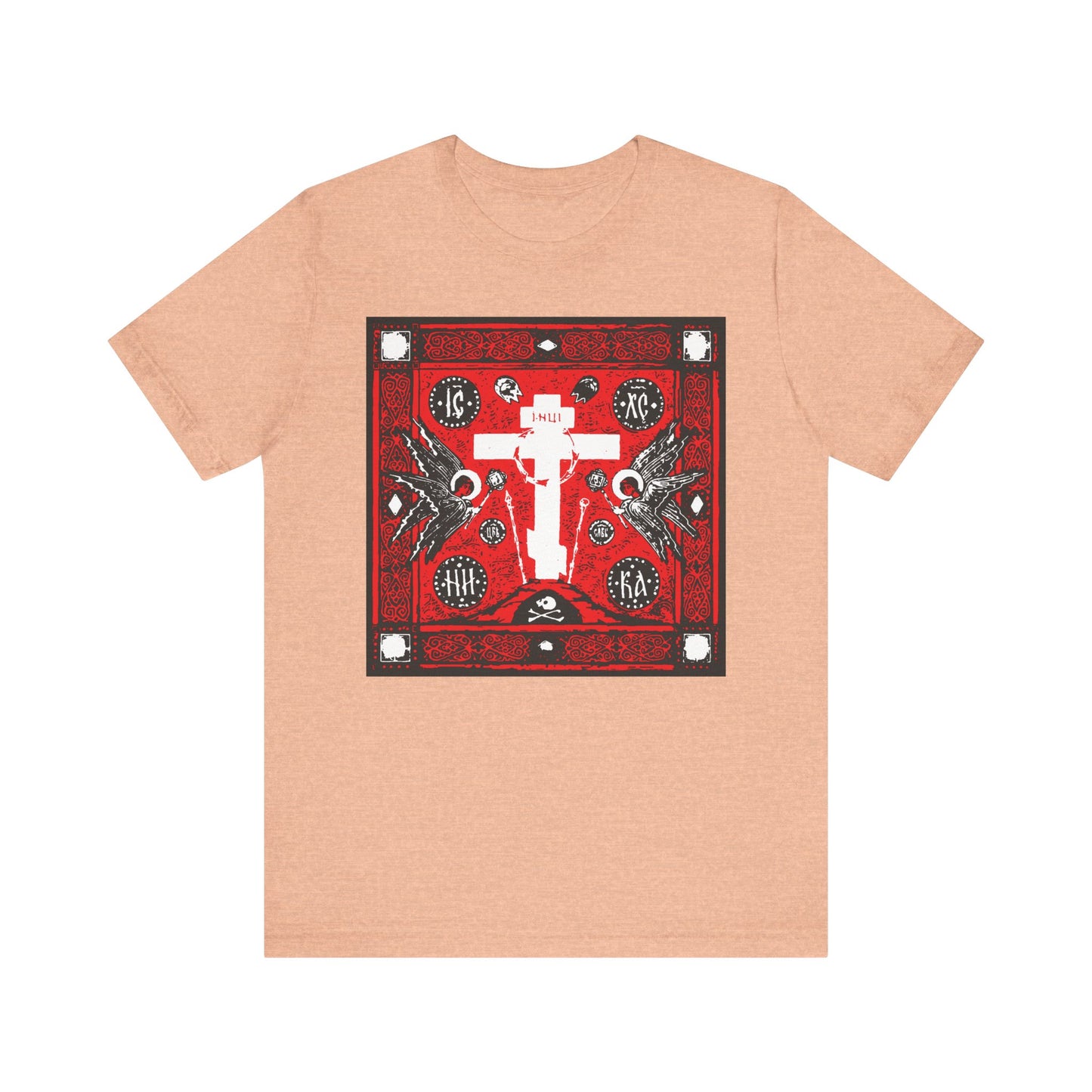 Heather Peach t-shirt featuring a striking Russian Holy Cross design in red, white, and black with angels. Lightweight cotton unisex fit.